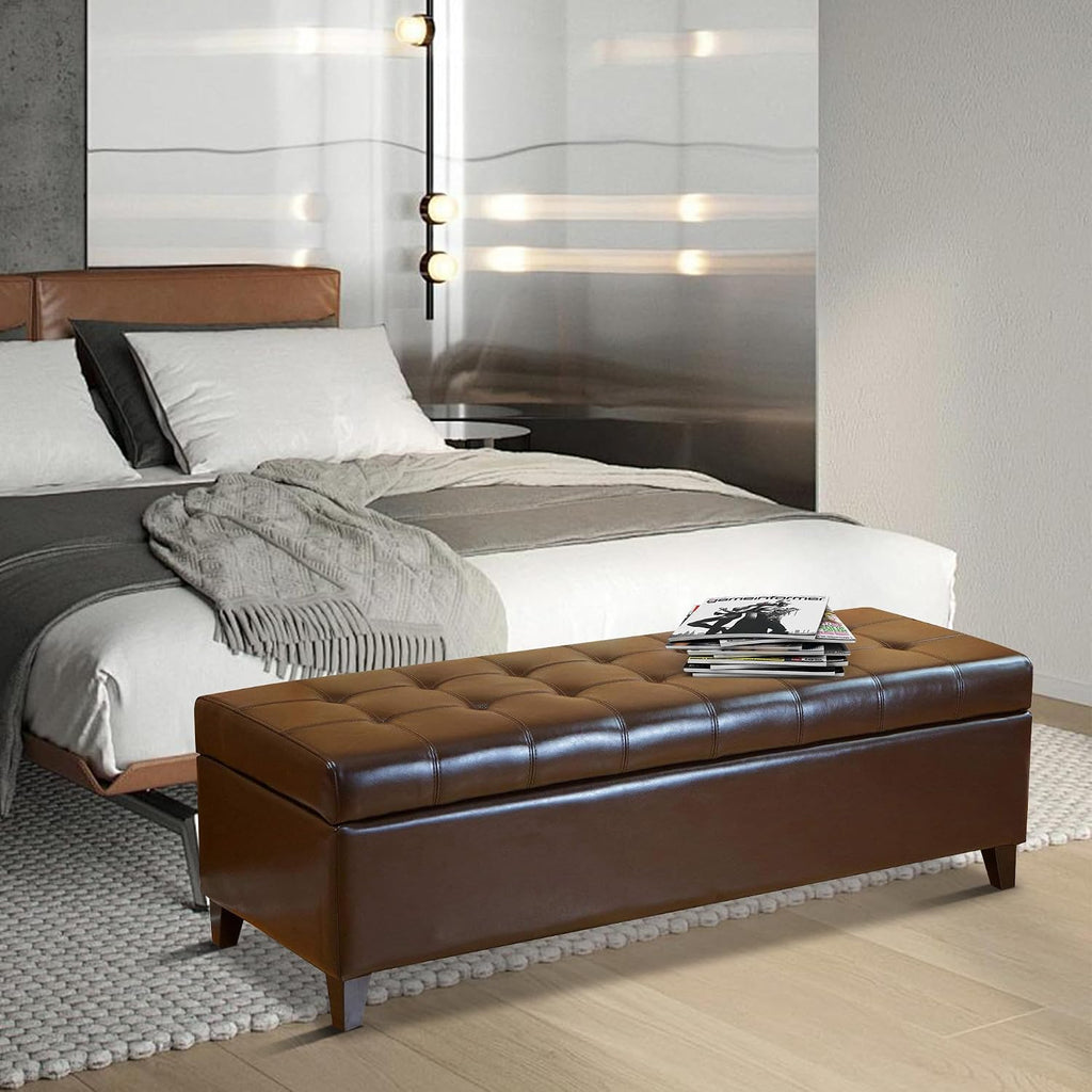 51-Inch Tufted Storage Ottoman Bench, Faux Leather Upholstered Footrest with Large Capacity, Modern End of Bed Bench for Bedroom, Living Room, Brown