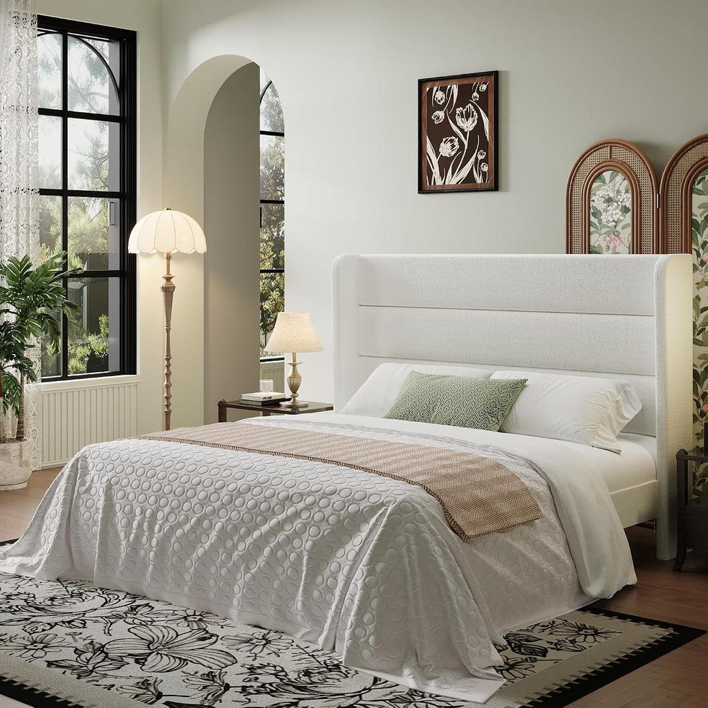 SHA CERLIN Full Size Velvet Bed Frame with Wingback Headboard/Upholstered Platform Bed with Wooden Slats/Mattress Foundation/No Box Spring Needed/Easy Assembly/White