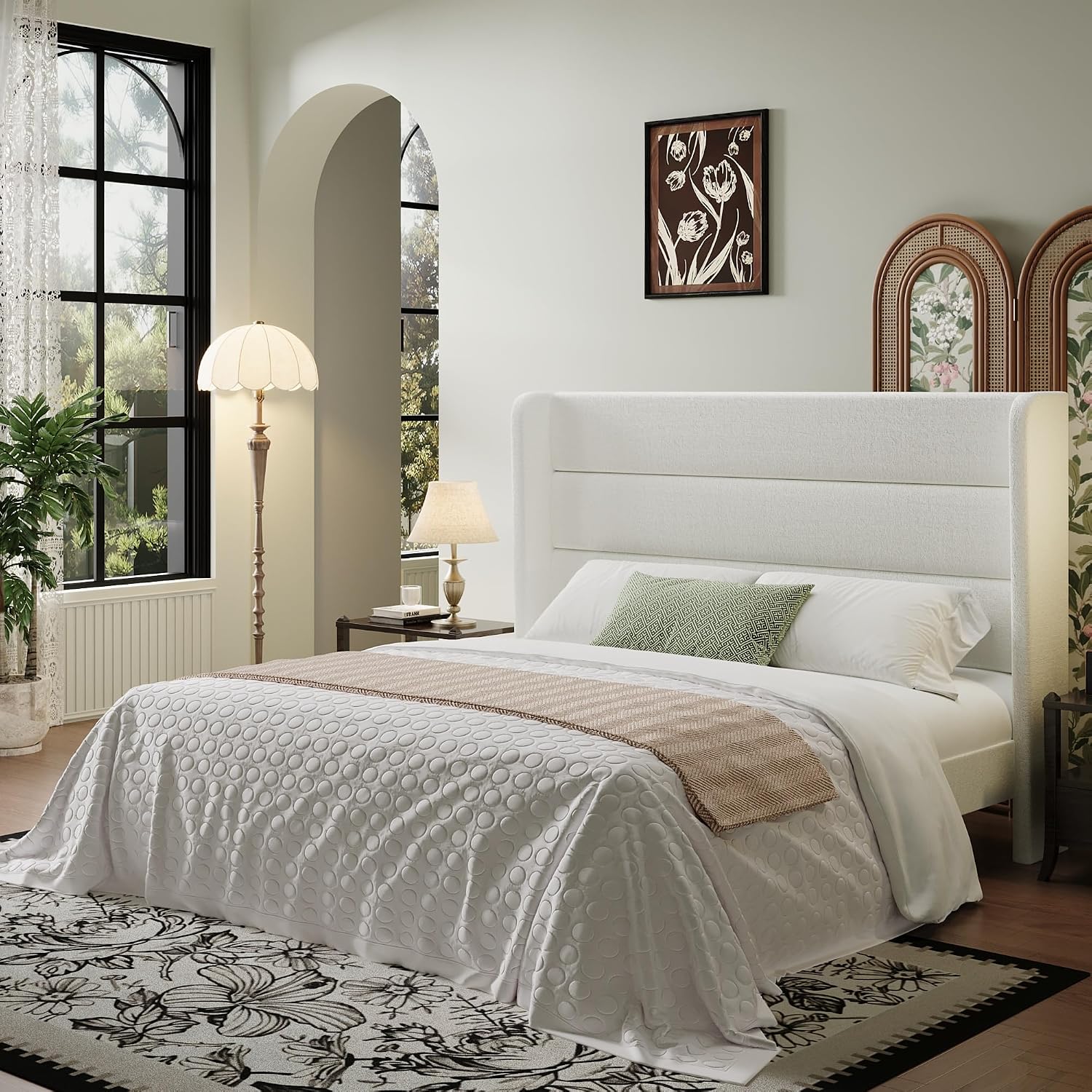 SHA CERLIN Full Size Velvet Bed Frame with Wingback Headboard/Upholstered Platform Bed with Wooden Slats/Mattress Foundation/No Box Spring Needed/Easy Assembly/White