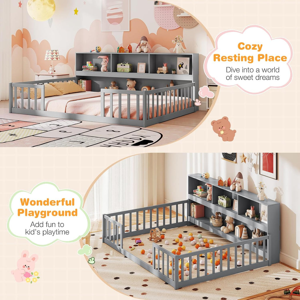 Giantex Full Size Floor Bed for Kids, Wooden Montessori Bed Frame with Bookcase, Storage Shelves & Safety Fence Rails, Floor Beds Full for Girls, Boys, No Box Spring Needed, Without Slats, Grey
