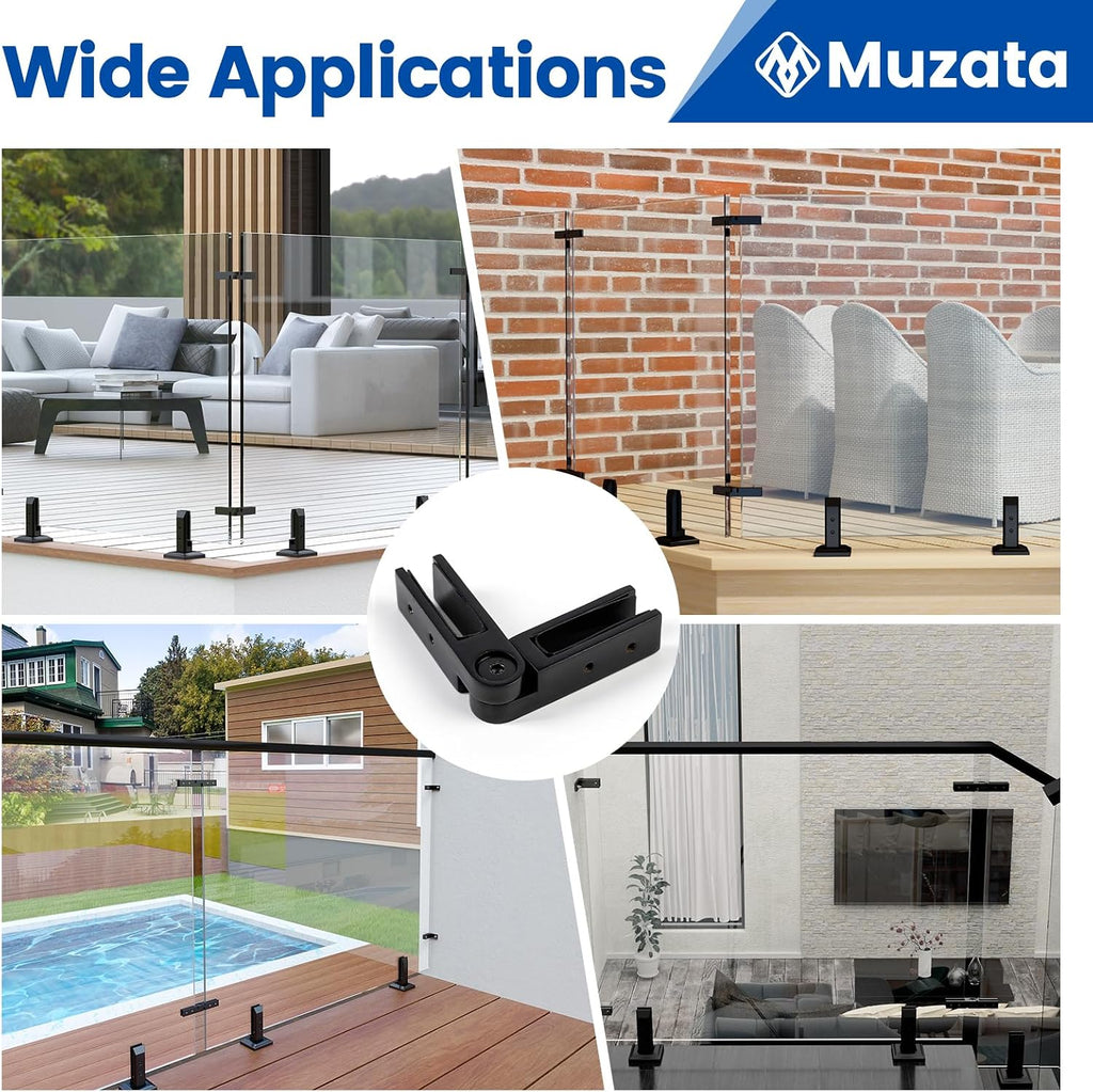 Muzata 8Pack Black Glass Standoff 2' Glass Bracket GA07 with 2Pack Black Adjustable Glass to Glass Clamp Angle (90°-180°) GA08