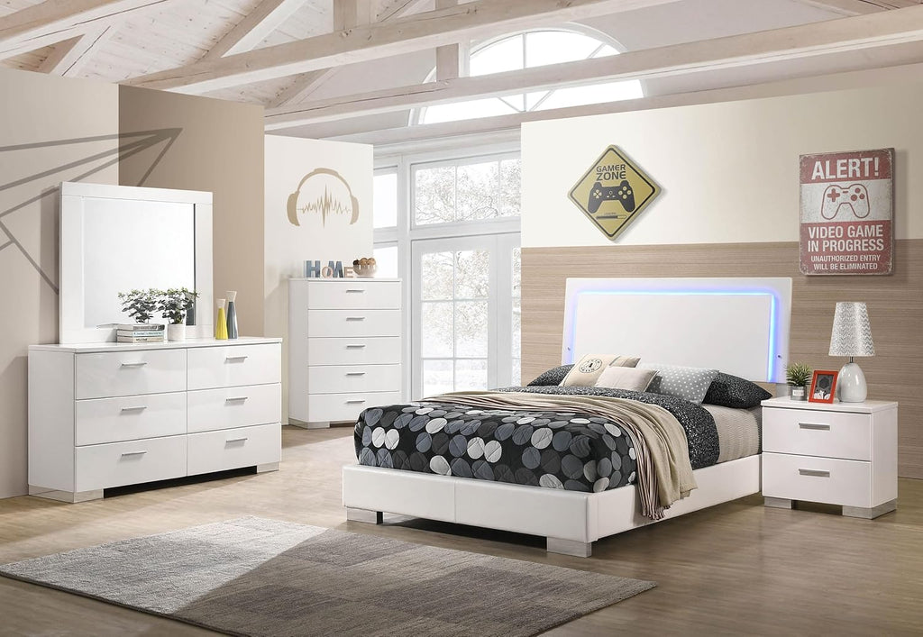 Coaster Home Furnishings Felicity Contemporary 5-Piece Bedroom Set Full Size LED Panel Bed Frame 49-inch Headboard White High Gloss 203500F-S5