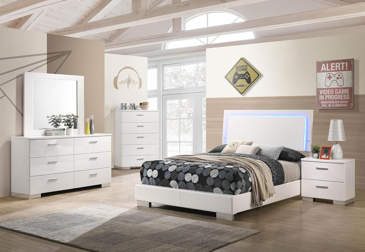 Coaster Home Furnishings Felicity Contemporary 5-Piece Bedroom Set Full Size LED Panel Bed Frame 49-inch Headboard White High Gloss 203500F-S5