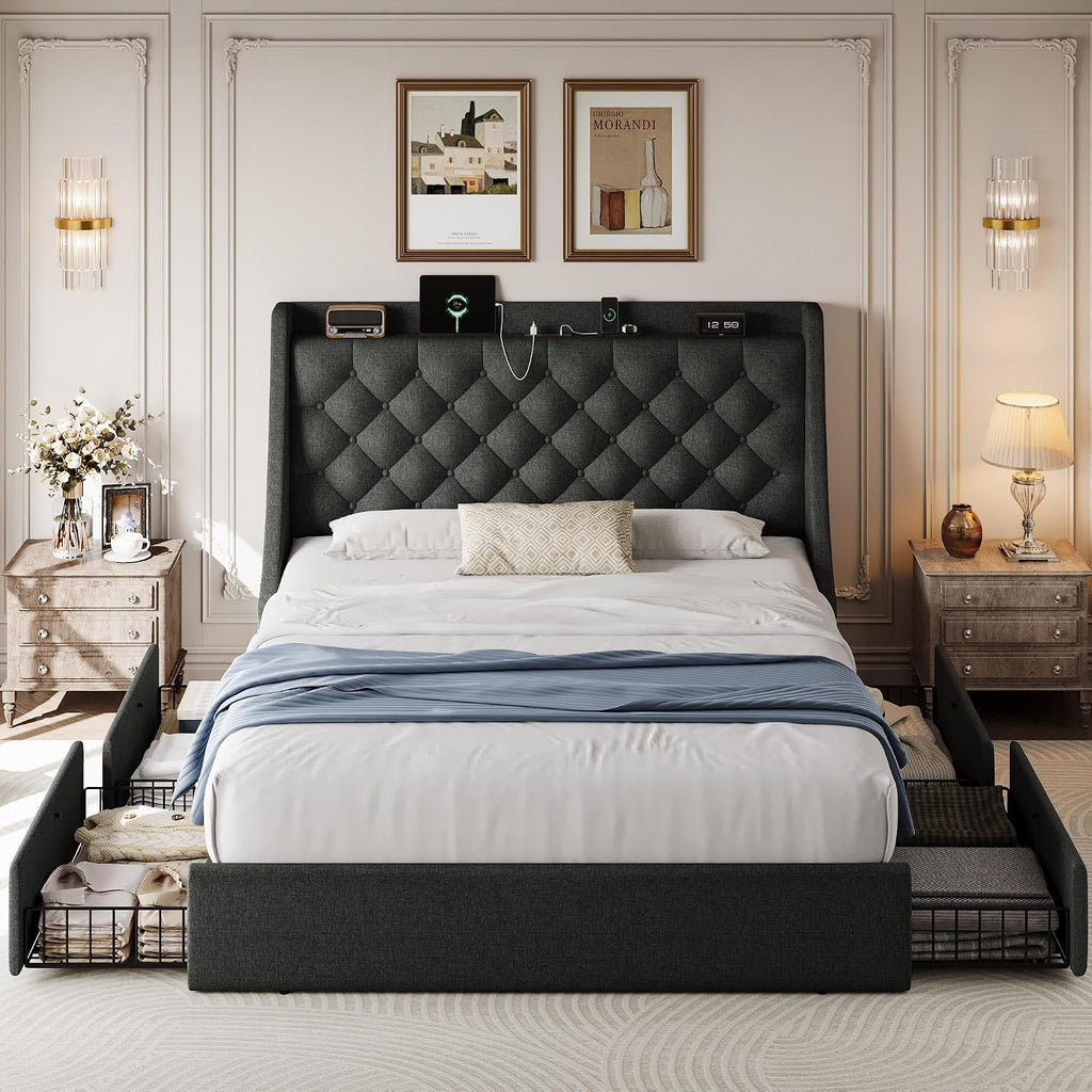 Full Size Bed Frame with 4 Storage Drawers & Charging Station, Linen Button Tufted Wingback Headboard Upholstered Platform Bed, Sturdy Wooden Support Slats, No Box Spring Needed, Dark Grey