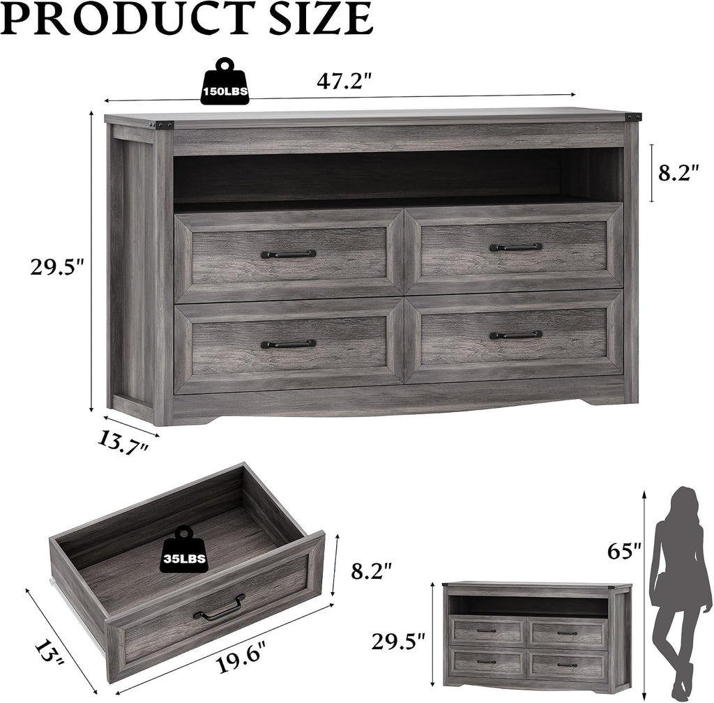Dresser for Bedroom with 4 Drawers, Farmhouse Chest of Drawers with Natural Texture and LED Lights, Wide Wood Rustic Closet Storage Organizer, Modern Dresser TV Stand for Living Room, Entryway, Grey