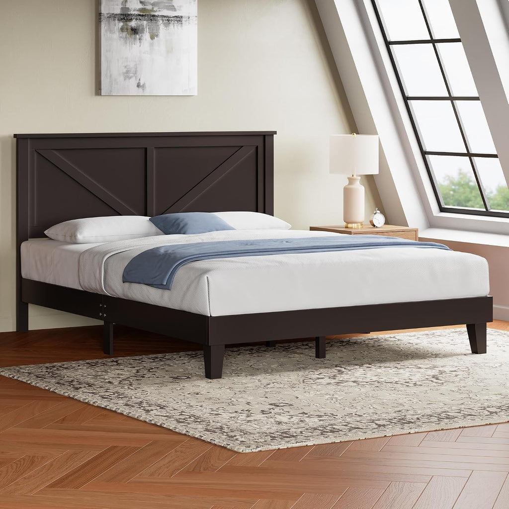 Yaheetech Wood Bed Full, Farmhouse Espresso Rubberwood Platform Bed Frame with V-Designed Headboard, Sturdy Wooden Support Slats, Holds up to 800 Pounds, Noise-Free, Easy Assembly