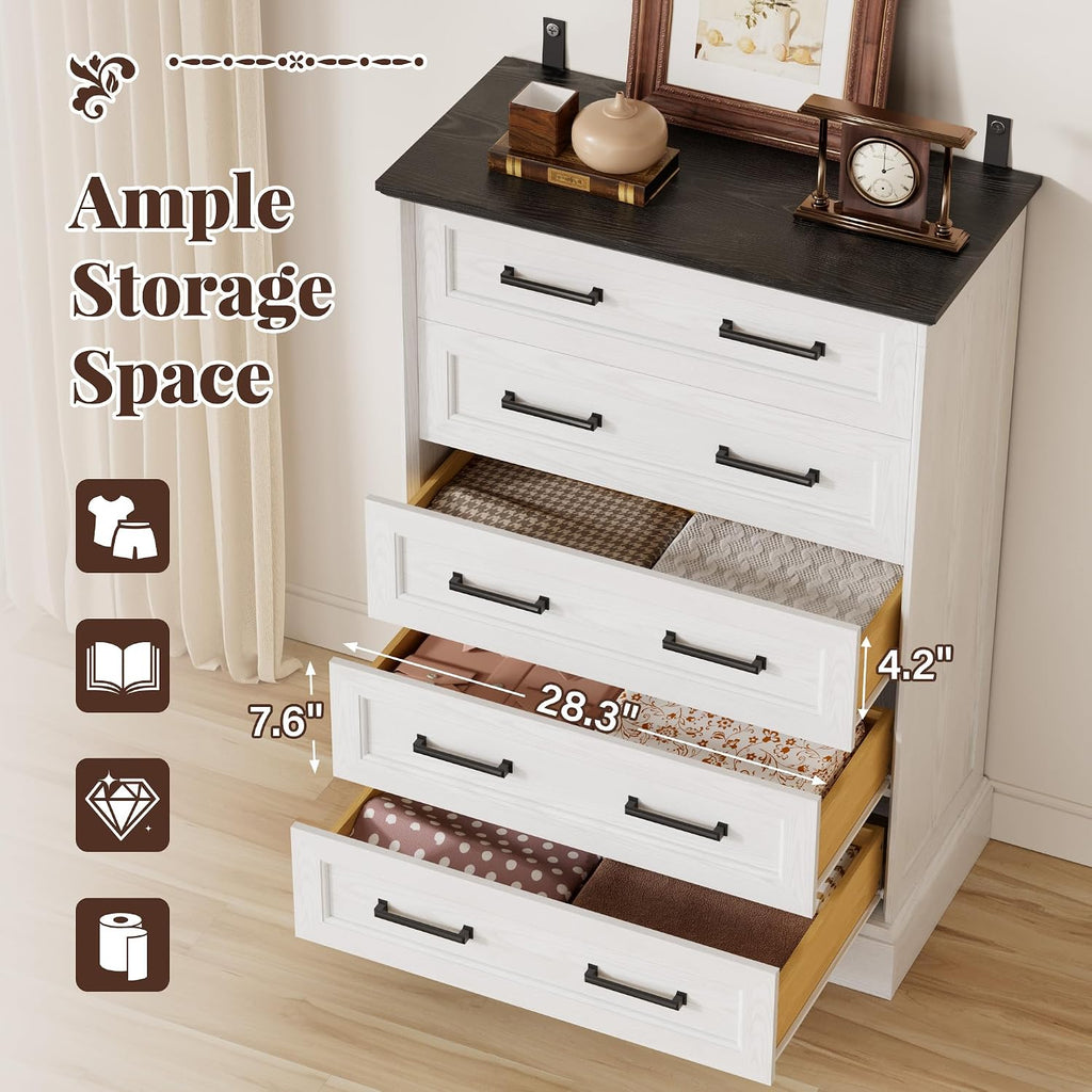 Furmax Farmhouse Dresser for Bedroom, 5 Drawers Dresser, Wood Chest of Drawers, 31.5' Wide Storage Dressers Organizer for Bedroom, Living Room (White and Black)