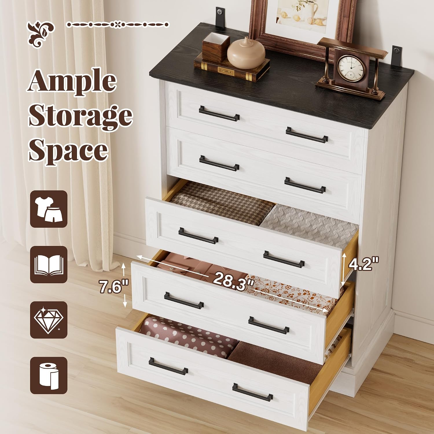 Furmax Farmhouse Dresser for Bedroom, 5 Drawers Dresser, Wood Chest of Drawers, 31.5' Wide Storage Dressers Organizer for Bedroom, Living Room (White and Black)