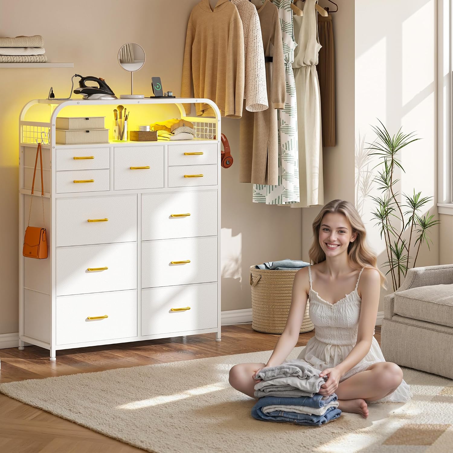 EnHomee 47' H Dressers & Chests of Drawers with LED Lights & Charging Station, Dresser for Bedroom with 11 Fabric Drawers & 4 Hooks & Open Shelves, Entryway, Hallway, Dorm White