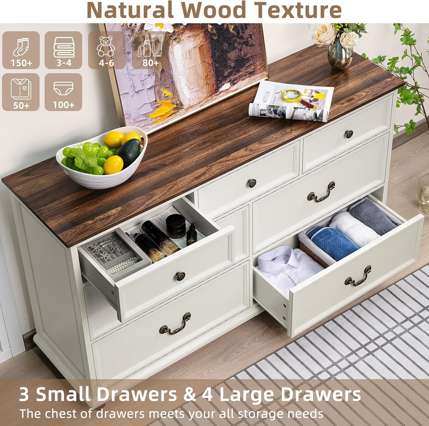 Joaxswe Farmhouse 54' 7 Drawers Dresser for Bedroom, White Wood Chest of Drawers w/ 4 Wooden Legs, Vintage Closet Storage Dressers Organizer for Hallway, Rustic Large TV Stand for Living Room, Foyer