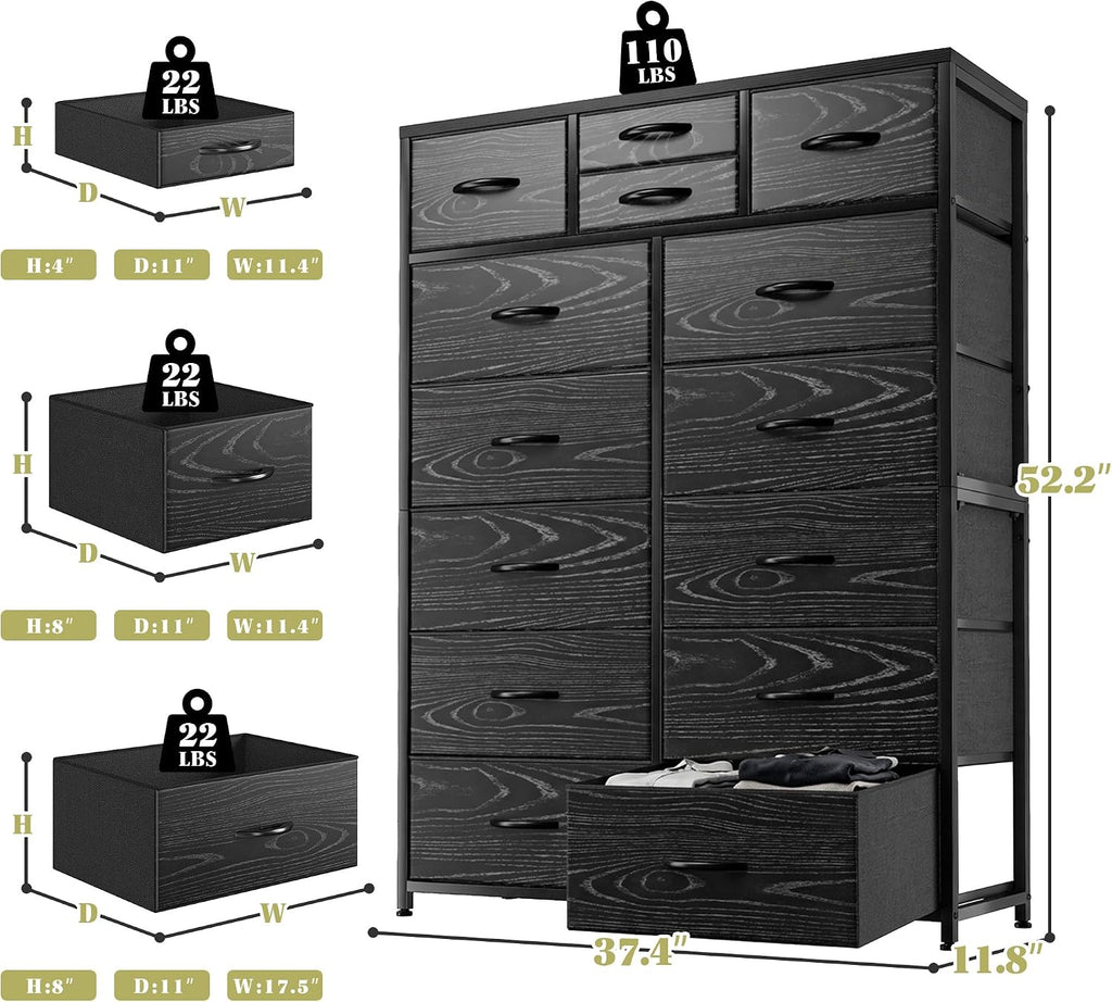 EnHomee Black Dresser with 10+4 Storage Drawers, Chest of Drawers, Sturdy Metal Frame & Wood Top, Bedroom, Hallway, Closets, Living Room, 52.2' H x 37.4' W x 11.8' D