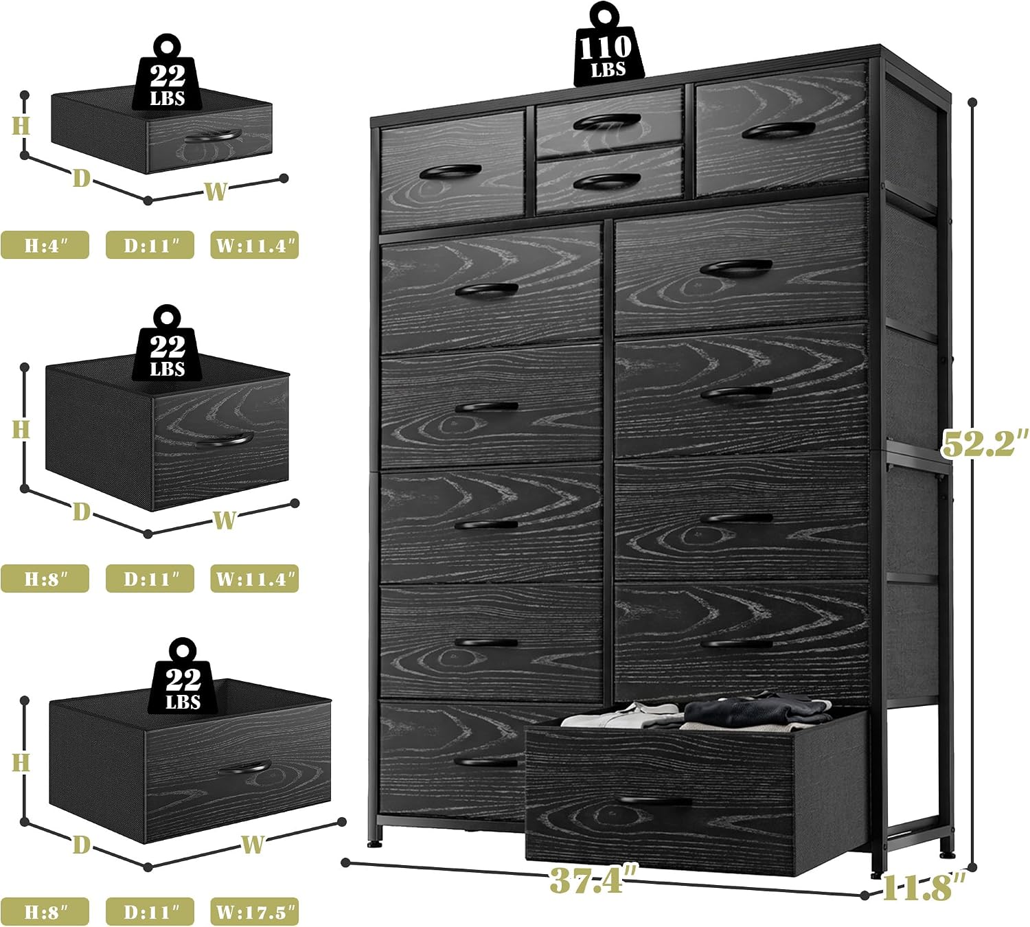 EnHomee Black Dresser with 10+4 Storage Drawers, Chest of Drawers, Sturdy Metal Frame & Wood Top, Bedroom, Hallway, Closets, Living Room, 52.2' H x 37.4' W x 11.8' D