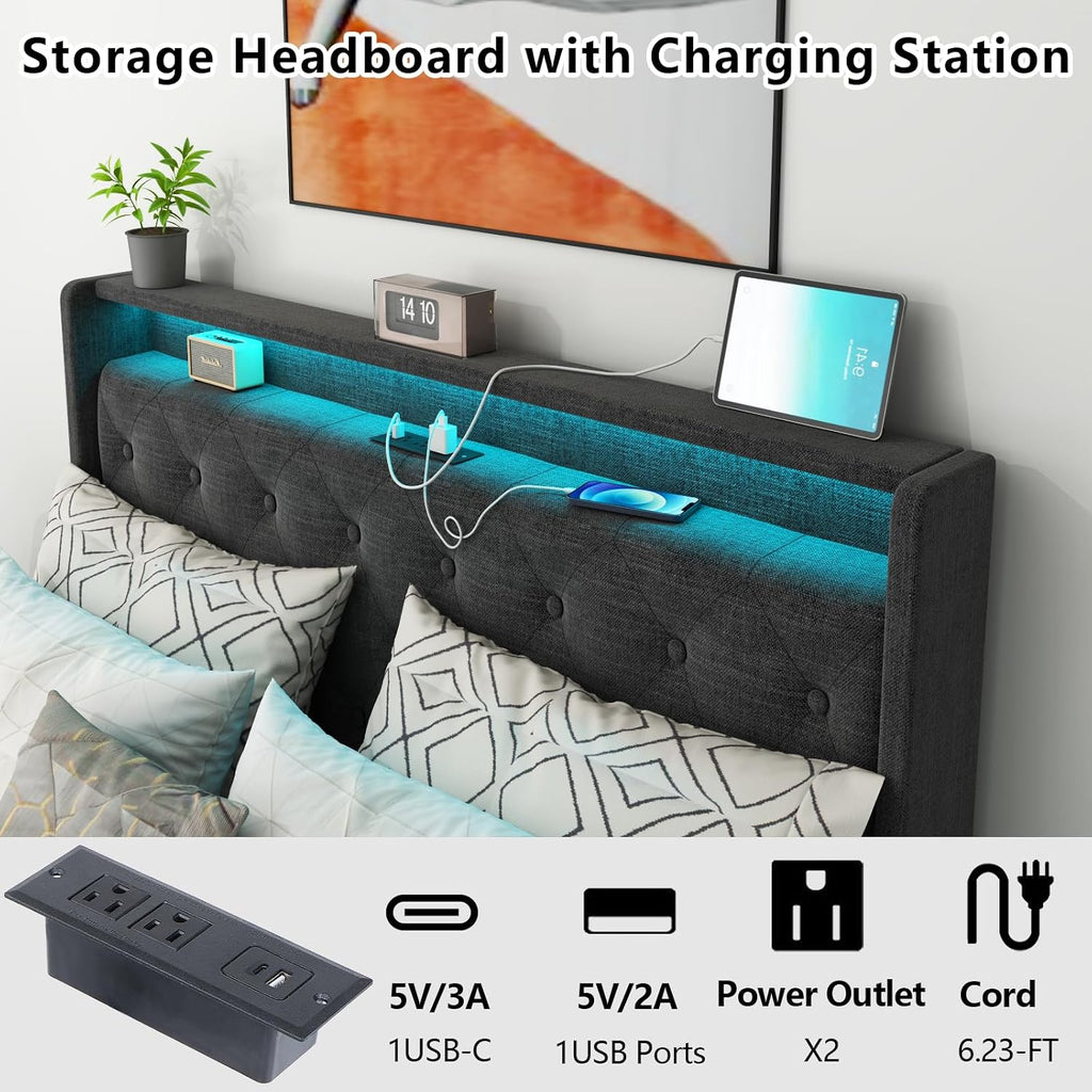 Loomie Full Lift Up Bed Frame with Charging Station & LED Lights, Upholstered Bed with Button Tufted Wingback Storage Headboard, Hydraulic Storage, No Box Spring Needed, Wood Slats Support,Dark Grey