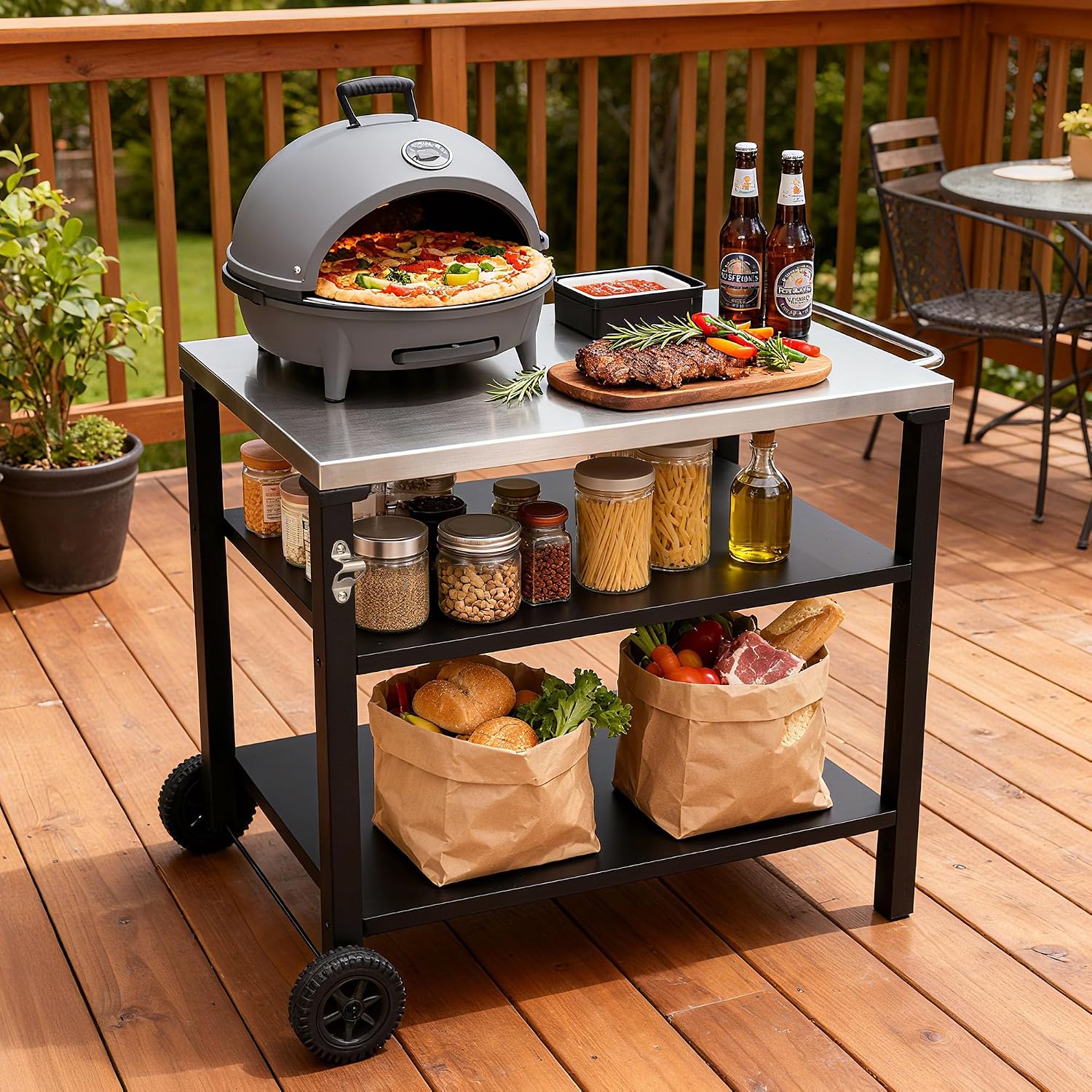 CubisVeta All-in-One Stainless Steel Kitchen Cart - Mobile Workbench with Storage Shelf & Built-in Opener for Indoor Outdoor Cooking, BBQ & Patio (Black and Silver, 39)