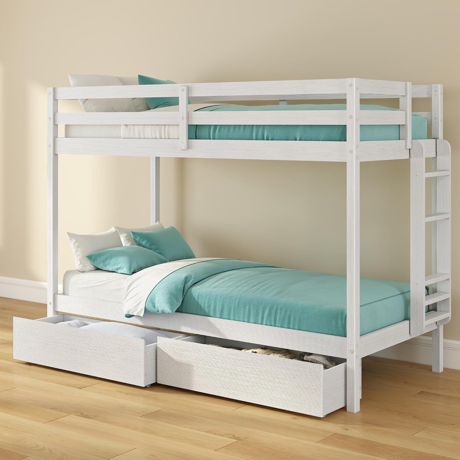 Grain & Grove Bear Twin Over Twin Bunk Bed with Storage Drawers, Sturdy Bunk Bed Frame for Kids, Plywood Bunk with Ladder, Guardrail, and Slats, No Box Spring Required, Brush White