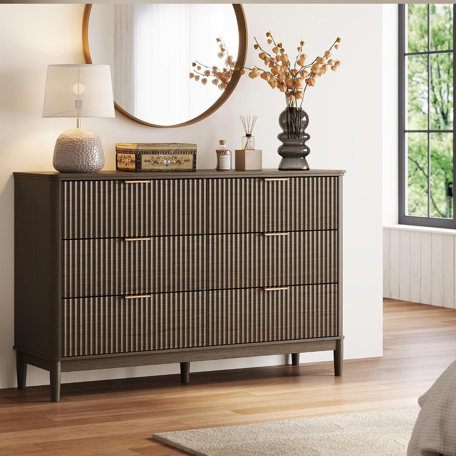 LINSY Fluted Dresser for Bedroom with 6 Drawers, Mid Century Modern Chest of Drawers with Gold Metal Handles, Wide Boho Wood Dressers, Large Farmhouse Storage Cabinet for Bedroom, Living Room, Walnut