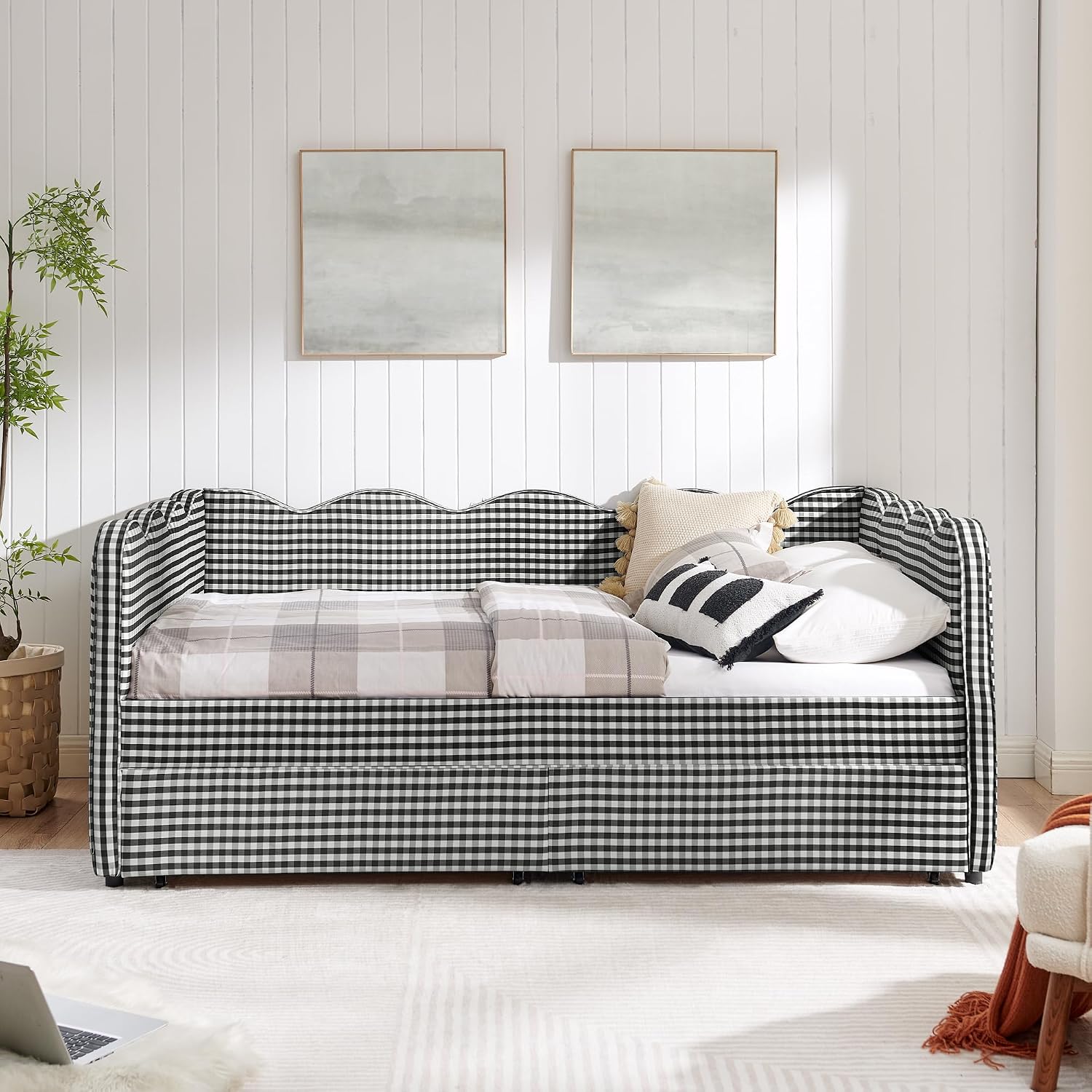 DEINPPA Full Size Upholstered Daybed with 2 Storage Drawers, Gingham Daybed with USB Ports for Bedroom Living Room Guest Room-Black