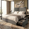 SHA CERLIN Full Size Platform Bed Frame with 4 Storage Drawers, Vertical Channel Tufted Adjustable Headboard, Velvet Upholstered, Wooden Slats Support, No Box Spring Needed, Easy Assembly, Grey