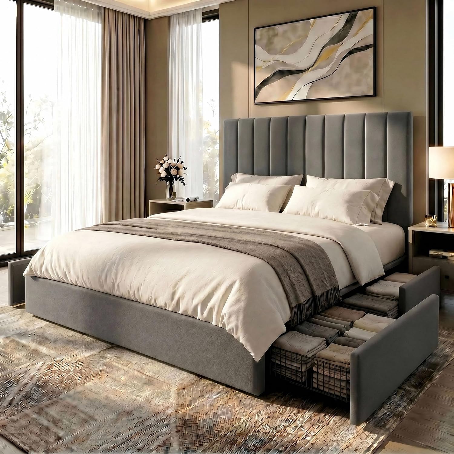 SHA CERLIN Full Size Platform Bed Frame with 4 Storage Drawers, Vertical Channel Tufted Adjustable Headboard, Velvet Upholstered, Wooden Slats Support, No Box Spring Needed, Easy Assembly, Grey