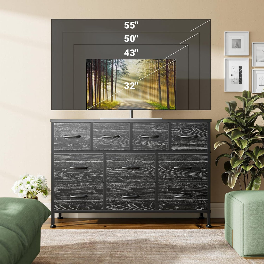 Lulive Dresser for Bedroom 10 Drawer Dresser TV Stand with Power Outlet, Entertainment Center Chest of Drawers for 55 Inch TV, Black Fabric for Bedroom Living Room Hallway Closets