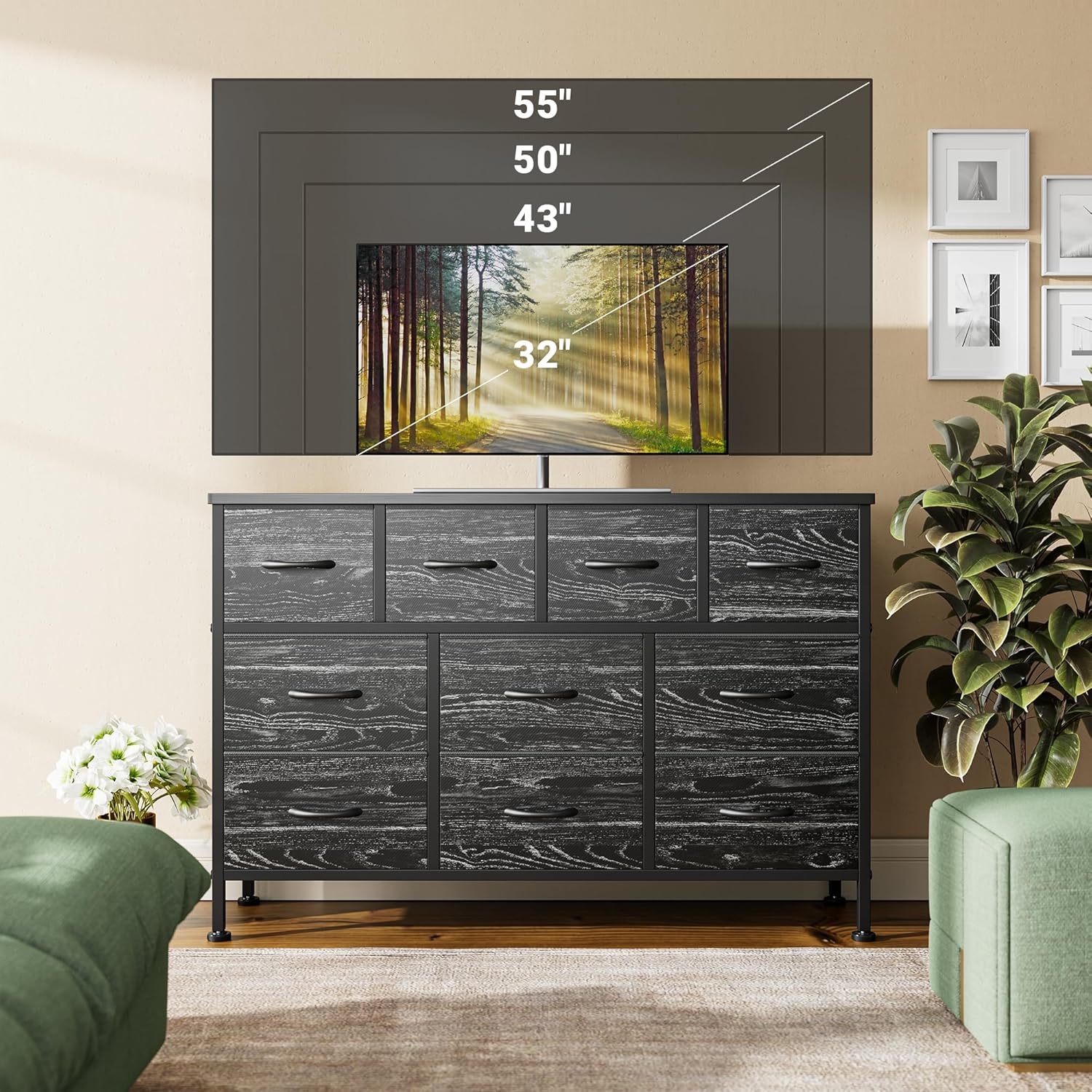 Lulive Dresser for Bedroom 10 Drawer Dresser TV Stand with Power Outlet, Entertainment Center Chest of Drawers for 55 Inch TV, Black Fabric for Bedroom Living Room Hallway Closets