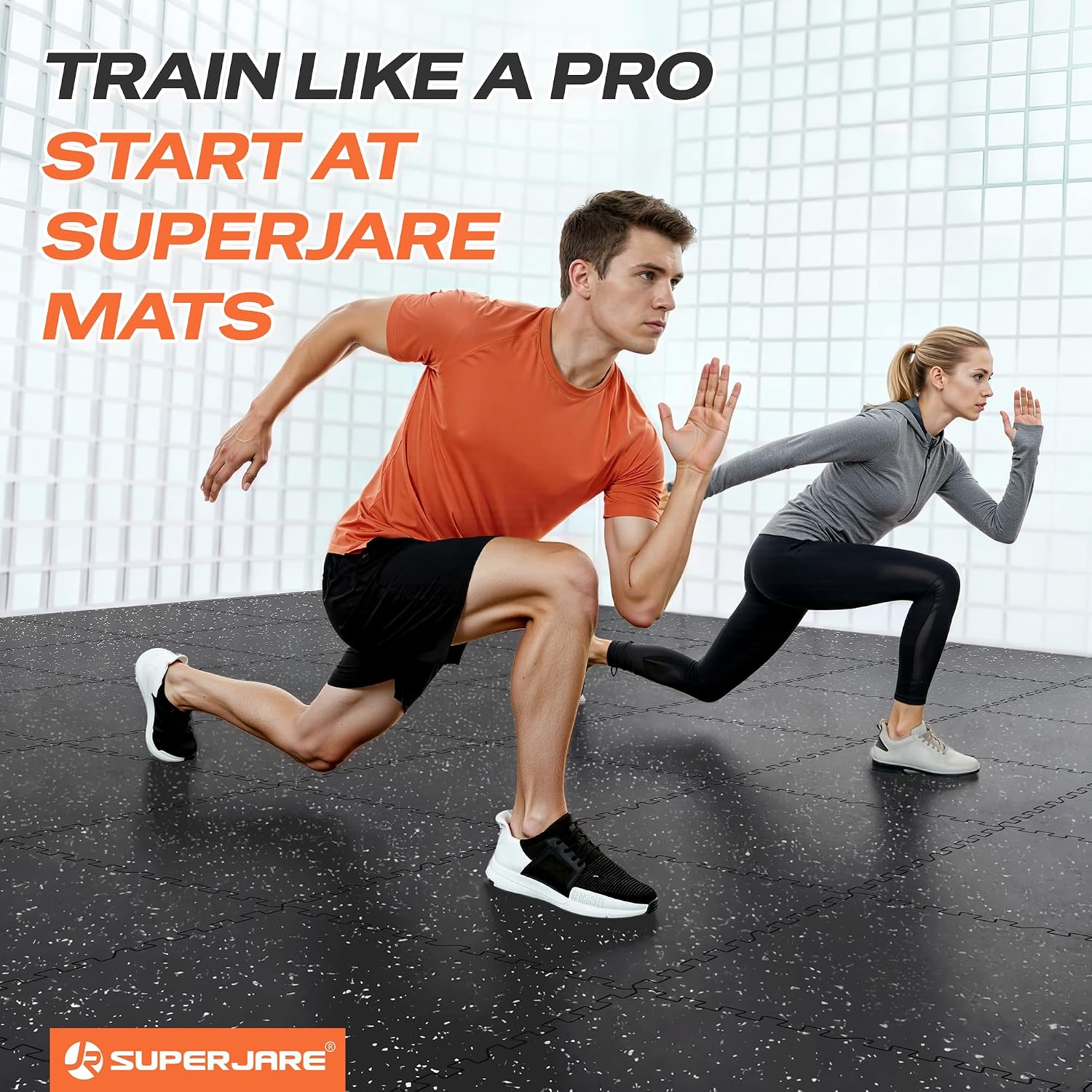 SUPERJARE 0.56'' Thick 48 Pcs 192 Sq Ft Rubber Top Exercise Equipment Mats, High Density EVA Foam Mats with Rubber Top, Interlocking Gym Flooring for Home Gym, Protective Workout Mat, Black/Grey