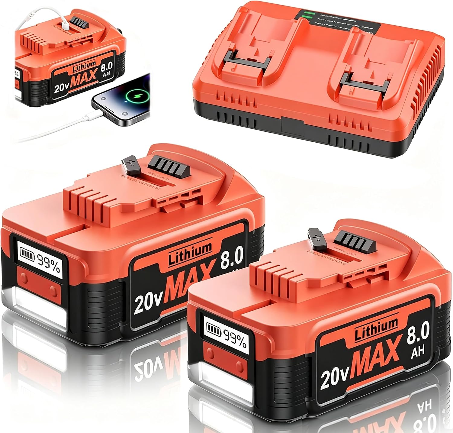 8.0Ah 2026 New Upgraded Replacement for Dewalt 20V Max Battery, 65W PD Type-C Bidirectional Charging LCD Display LED Light, Compatible with 20 Volt DCB203 DCB204 DCB205 DCB206 Cordless Power Tools
