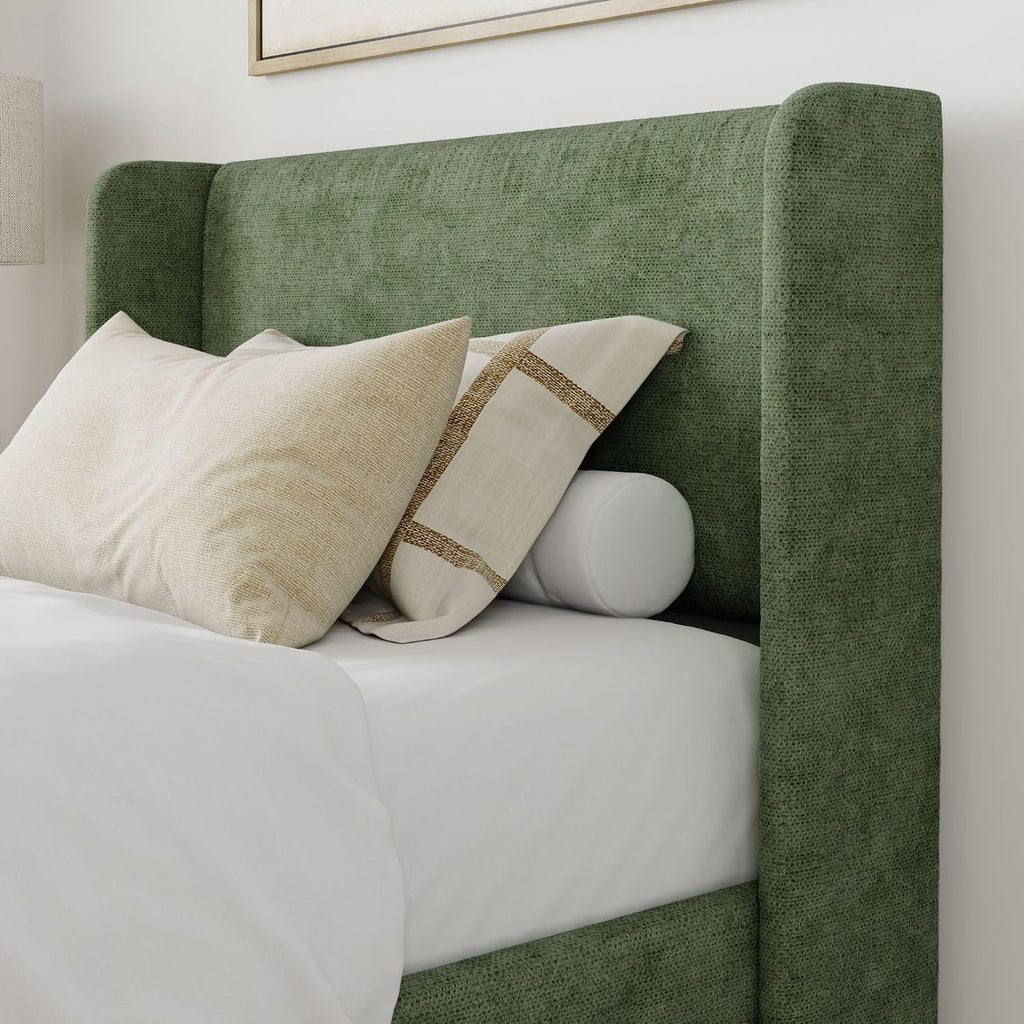 Plank+Beam Upholstered Twin Bed Frame with Rectangular Headboard, Upholstered Platform Bed, No Box Spring Needed, Easy Assembly, Green