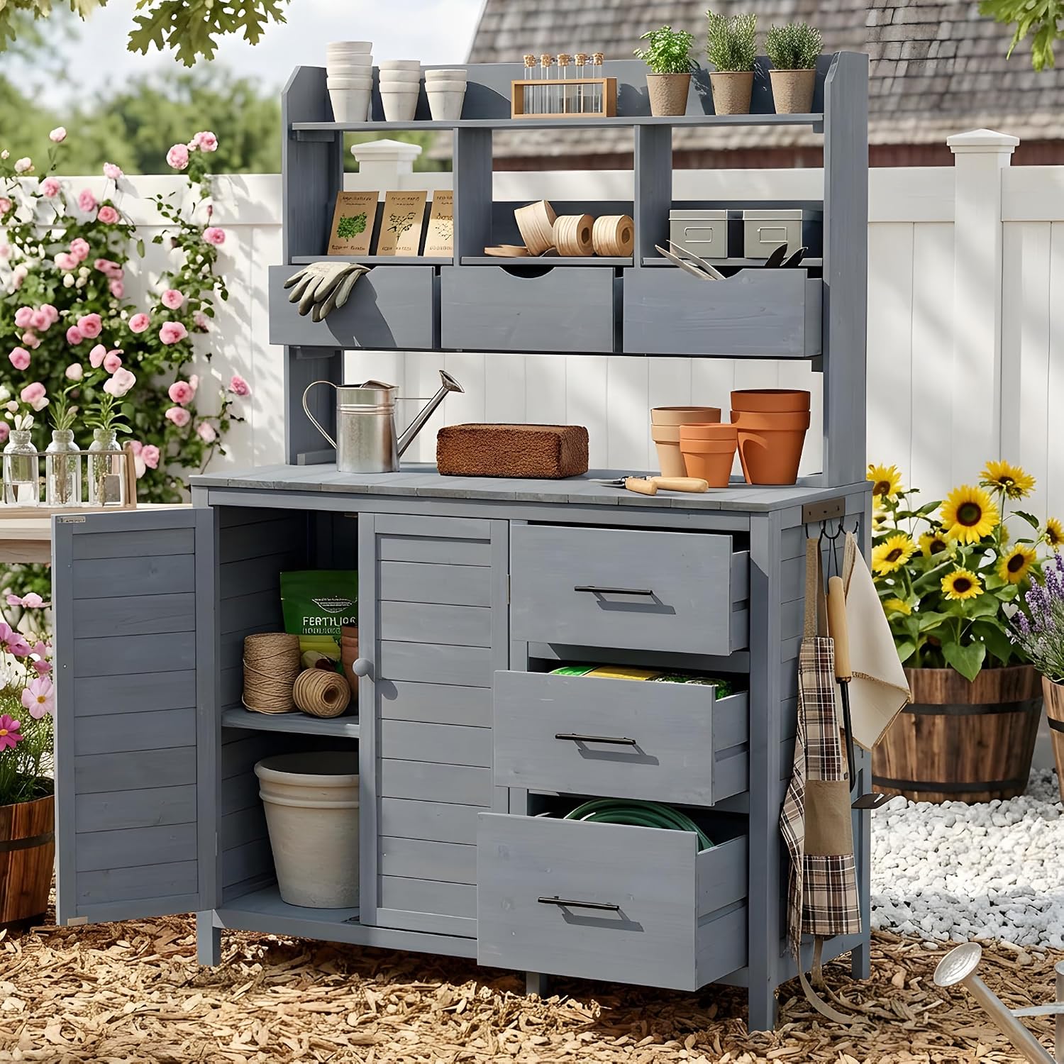 Roomfitters Garden Potting Bench with Storage Hutch, Outdoor Potting Table with 6 Drawers and Cabinets, Shelves, Gray