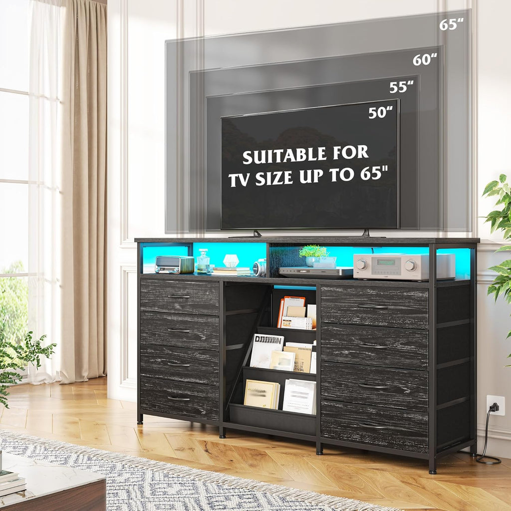 EnHomee 55 ' W Dresser for Bedroom with Bookrack & 8 Fabric Drawers, Dresser TV Stand with Power Outlet & LED Lights for 65 Inch TV, Chest of Drawers for Cabinet, Entryway, Charcoal Black