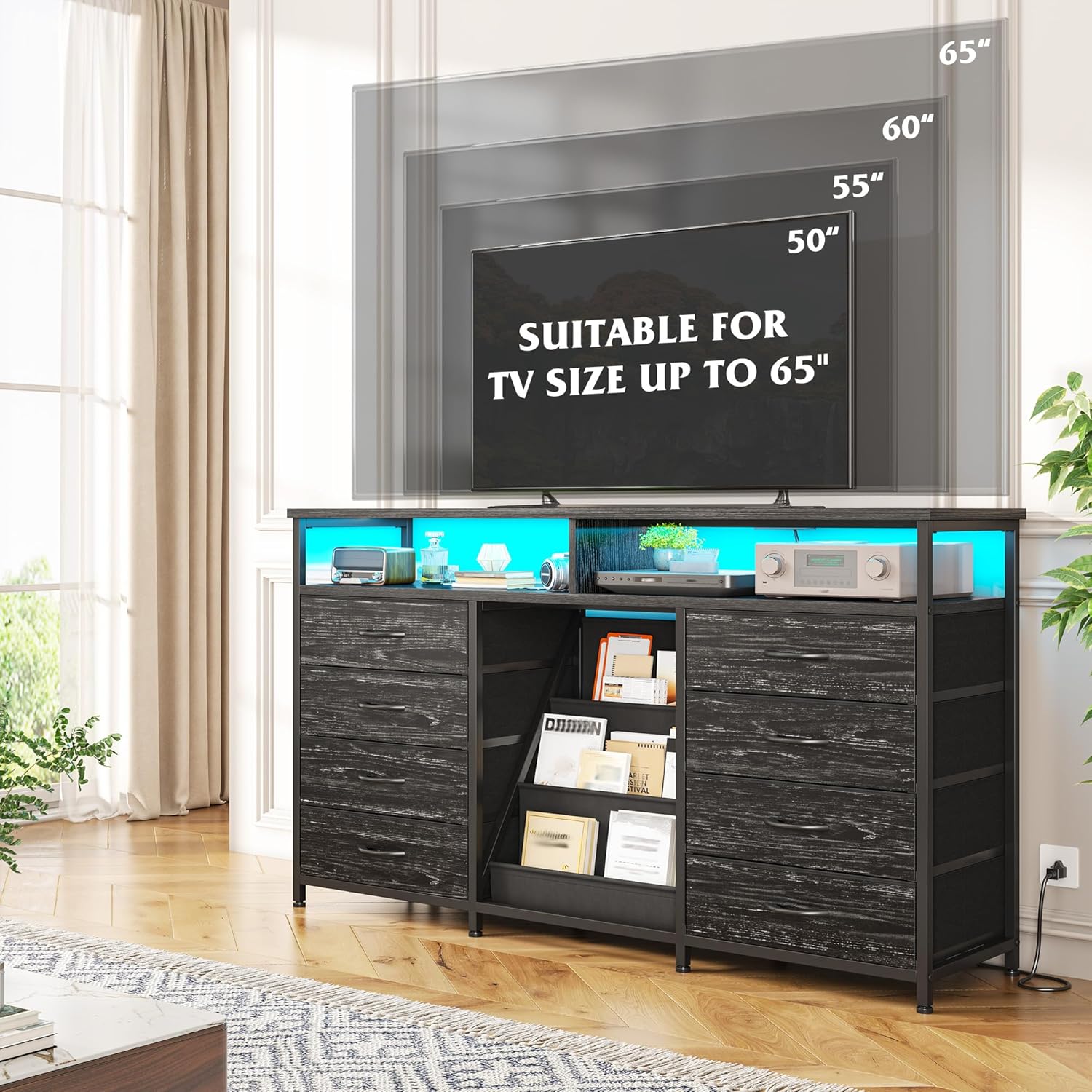 EnHomee 55 ' W Dresser for Bedroom with Bookrack & 8 Fabric Drawers, Dresser TV Stand with Power Outlet & LED Lights for 65 Inch TV, Chest of Drawers for Cabinet, Entryway, Charcoal Black