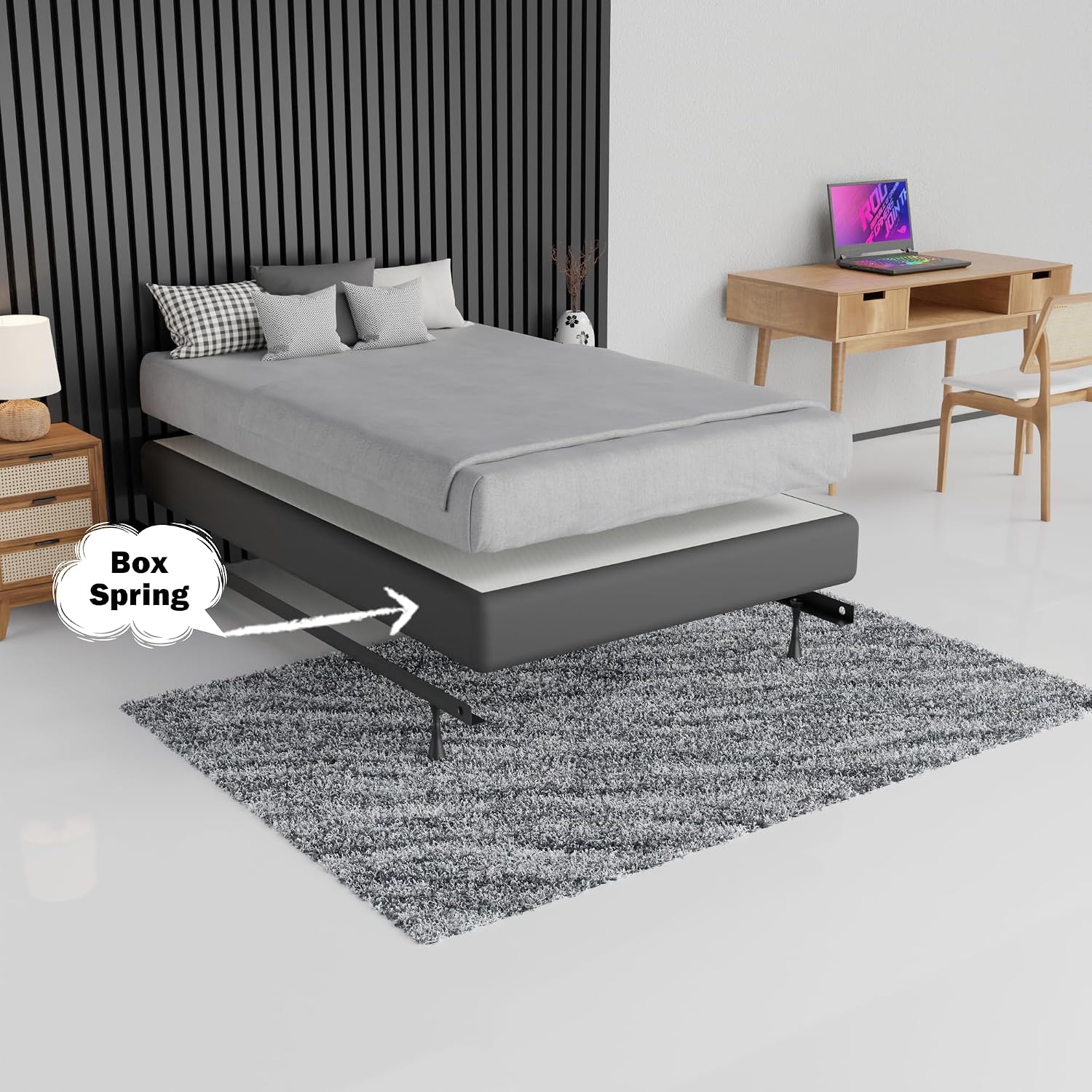 Greaton, 8-Inch Sturdy Box Spring for Mattress Support-Durable and Easy to Assemble Natural Wood Foundation for California King, Black