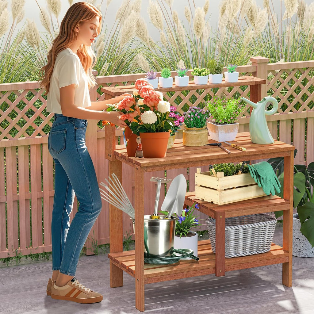 TANGZON Garden Potting Table, Solid Wood Potting Table with Trellis, Open Shelves, Teak Oil Finish, Gardening Workstation & Planting Work Table for Outdoor Patio Backyard Balcony