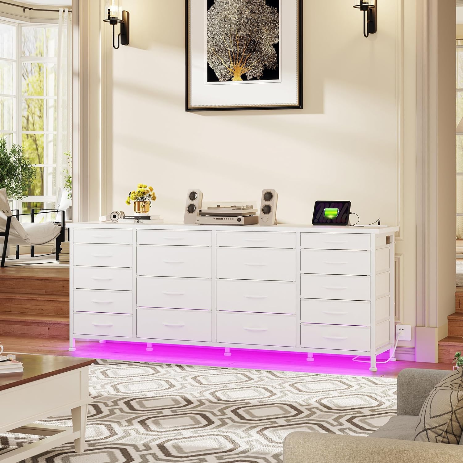 63'W TV Stand for Bedroom with LED Light & Power Outlets, Long White Dresser for Bedroom with 18 Deep Drawers for 65 70 75 inch TV, Fabric Dresser TV Stands for Living Room Entryway Hallway Closet