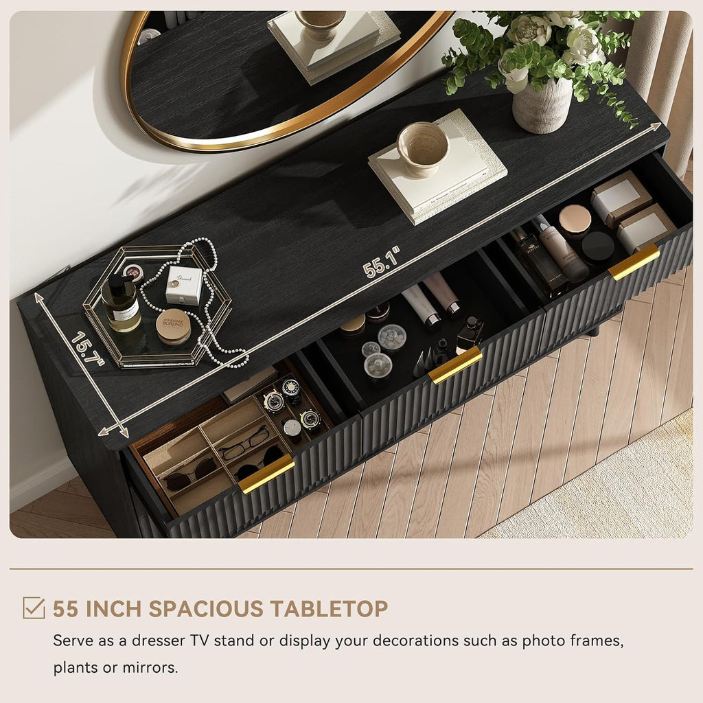 CARPETNAL Fluted 9 Drawer Dresser for Bedroom, 55' Wide Wooden Chest of Drawers with Rounded Corners, Gold Handles, Modern Storage Organizer for Bedroom, Hallway(Black)