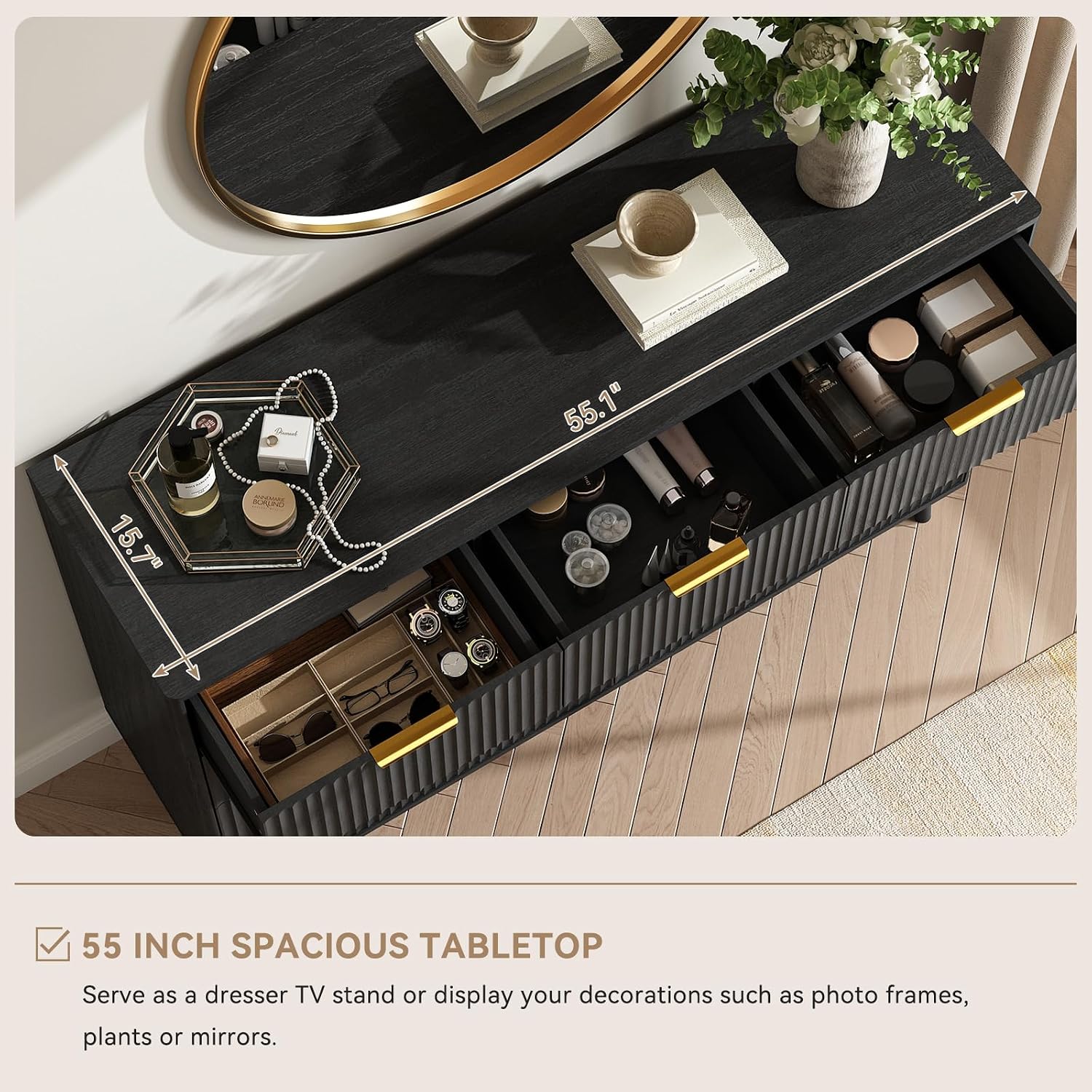 CARPETNAL Fluted 9 Drawer Dresser for Bedroom, 55' Wide Wooden Chest of Drawers with Rounded Corners, Gold Handles, Modern Storage Organizer for Bedroom, Hallway(Black)