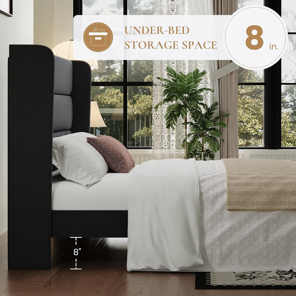 SHA CERLIN Full Size Velvet Bed Frame with Wingback Headboard/Upholstered Platform Bed with Wooden Slats/Mattress Foundation/No Box Spring Needed/Easy Assembly/Black