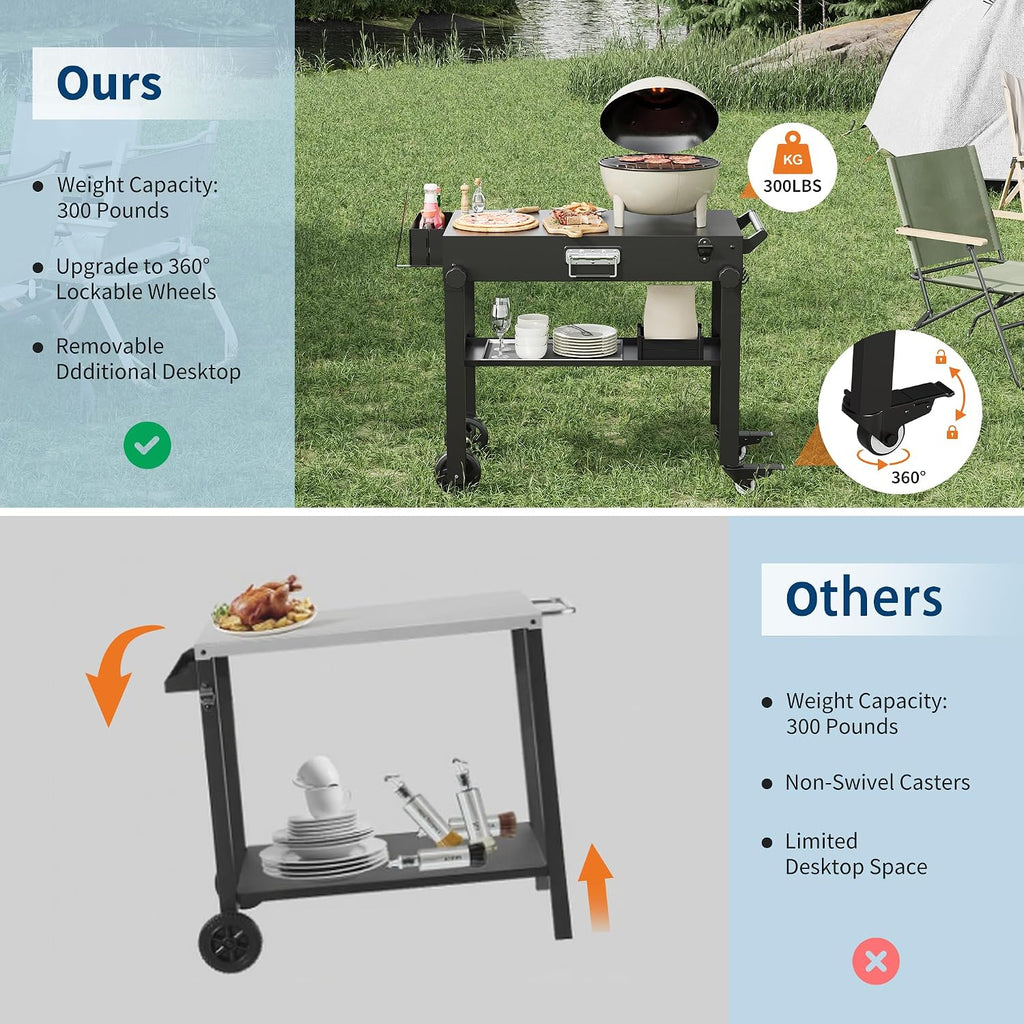 Dining Cart Table with Double-Shelf, Movable Pizza Oven Table Cart for Outside Patio, Stainless Steel Locking Wheels, Side Handle, Multifunctional, Kitchen Cooking Food Prep Table for Party, Black