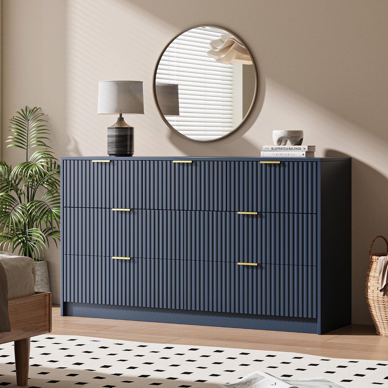 MAISONARIA Navy 7 Drawer Dresser for Bedroom, 55.9' Wide Modern Fluted Dresser with Gold Metal Handles, Large Chest of Drawers for Bedroom, Living Room, Entryway, Hallway