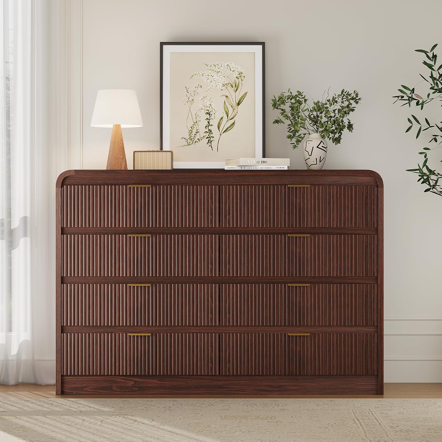FURSUN Fluted 8 Drawers Dresser for Bedroom, 55' Wide Wooden Dresser with Metal Handle, Curved Profile Design, Modern Storage Organizer for Bedroom, Living Room, Hallway, Dark Walnut