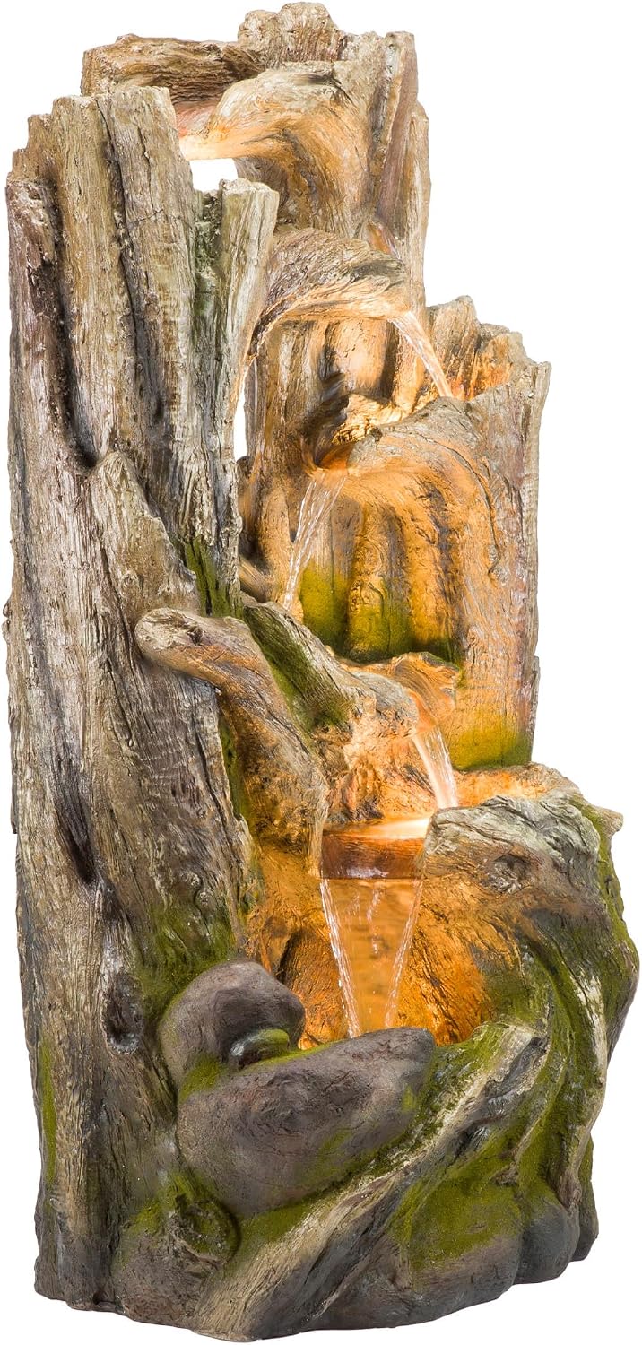 Alpine Corporation WIN1520 59' Indoor/Outdoor Floor 5-Tiered Tree Bark Water Fountain, Cascading Mossy Wood Waterfall Feature for Garden, Patio, and Yard, Brown