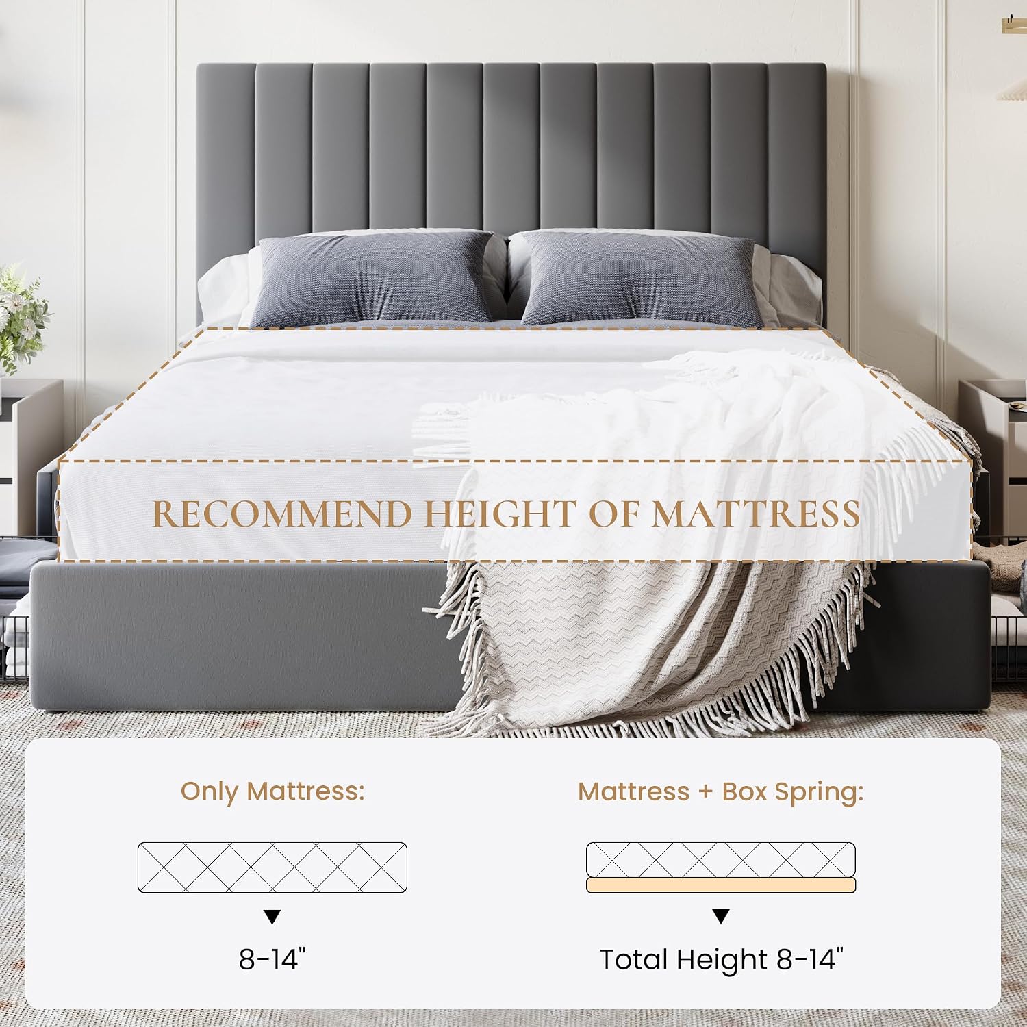 SHA CERLIN Full Size Platform Bed Frame with 4 Storage Drawers, Vertical Channel Tufted Adjustable Headboard, Velvet Upholstered, Wooden Slats Support, No Box Spring Needed, Easy Assembly, Grey