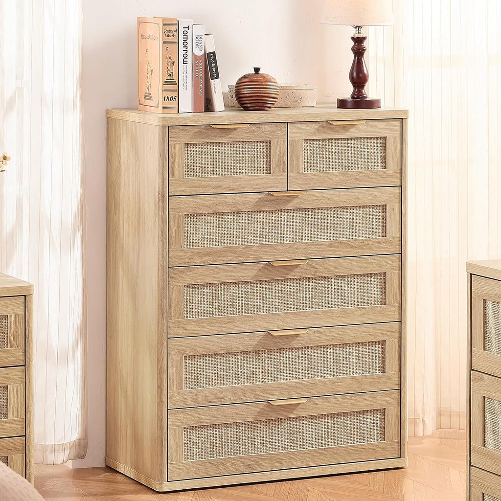 LEYAOYAO Rattan Dresser for Bedroom, 41' Tall Chest of Drawers, Modern 6 Drawers Boho Dressers with Storage, Light Oak Dresser Wooden Closet Organizer for Living Room, Hallway, Natural Wood