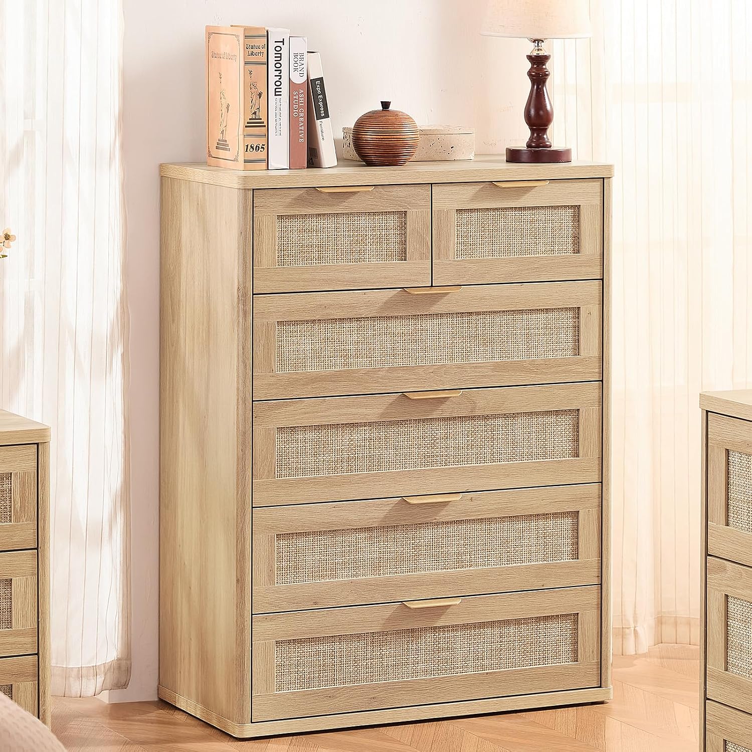 LEYAOYAO Rattan Dresser for Bedroom, 41' Tall Chest of Drawers, Modern 6 Drawers Boho Dressers with Storage, Light Oak Dresser Wooden Closet Organizer for Living Room, Hallway, Natural Wood