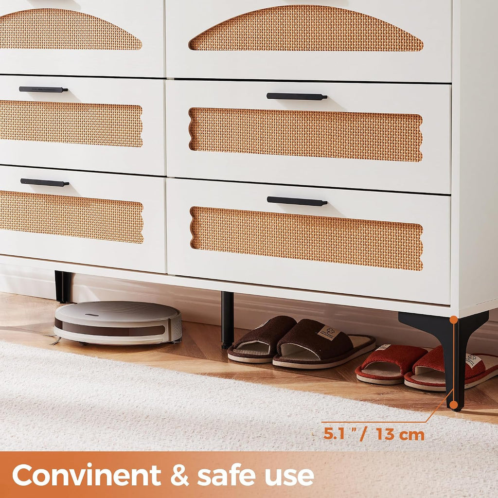 Mericonia 6 Drawer Double Dresser for Bedroom, Wood Rattan Dresser for Closet with Metal Legs, Boho TV Stand with Drawers, Dressers & Chests of Drawers for Bedroom, Hallway and Entryway, White