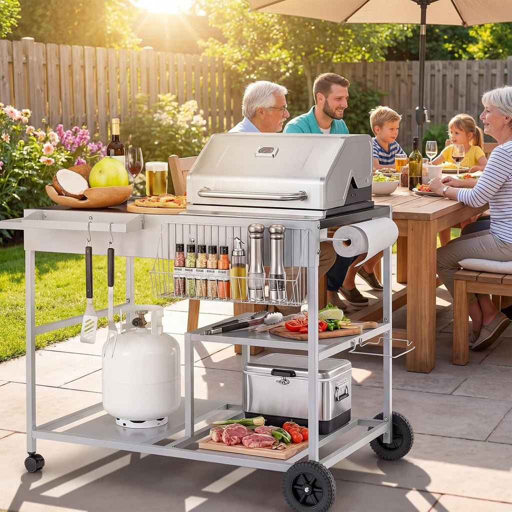 HAPPYGRILL Outdoor Grill Cart, Movable BBQ Pizza Oven Stand w/Lockable Wheels, Grill Tables w/Garbage Bag Holder, Removable Hooks, Portable Cooking Prep Table for BBQ Party