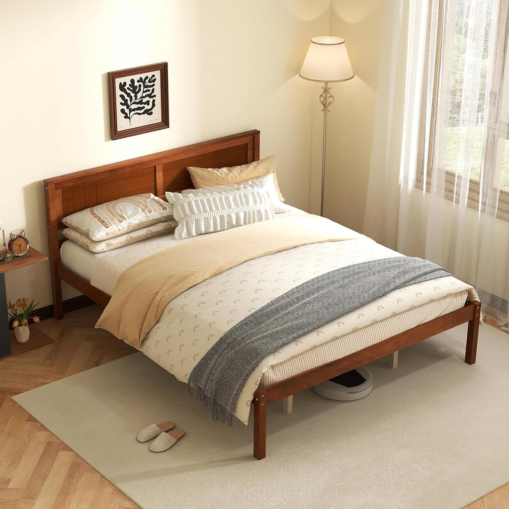 KOMFOTT Queen Size Wood Platform Bed Frame with Headboard, Solid Wood Bed Frame with Slat Support, 10-Leg Support, Under Bed Storage, 16' Mattress Foundation Bedroom Furniture, No Box Spring Needed