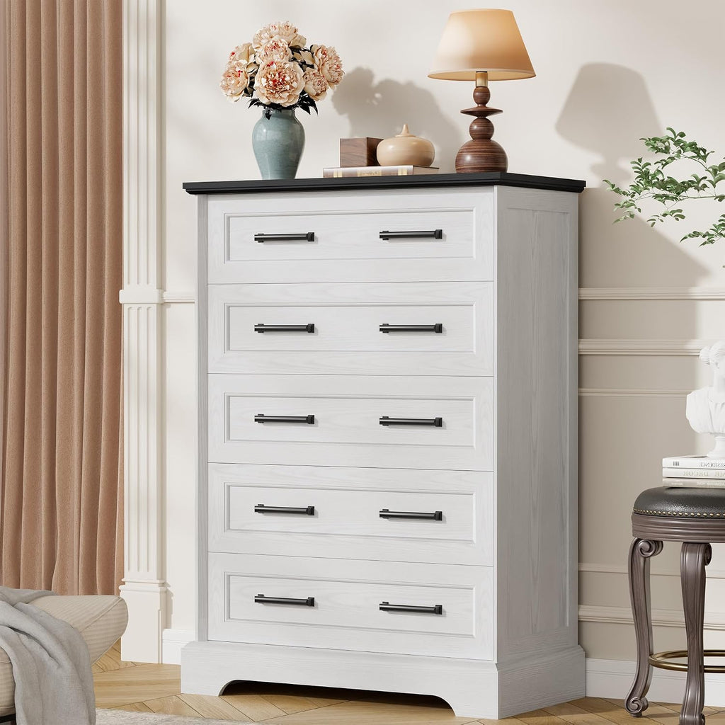 Furmax Farmhouse Dresser for Bedroom, 5 Drawers Dresser, Wood Chest of Drawers, 31.5' Wide Storage Dressers Organizer for Bedroom, Living Room (White and Black)