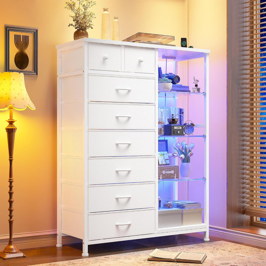 EnHomee 54' H Dresser for Bedroom with LED Lights & Power Outlets Dresser with 8 Drawers Fabric Dressers & Chests of Drawers, Shelves for Bedroom, Sturdy Metal Frame, Acrylic Plates (White)