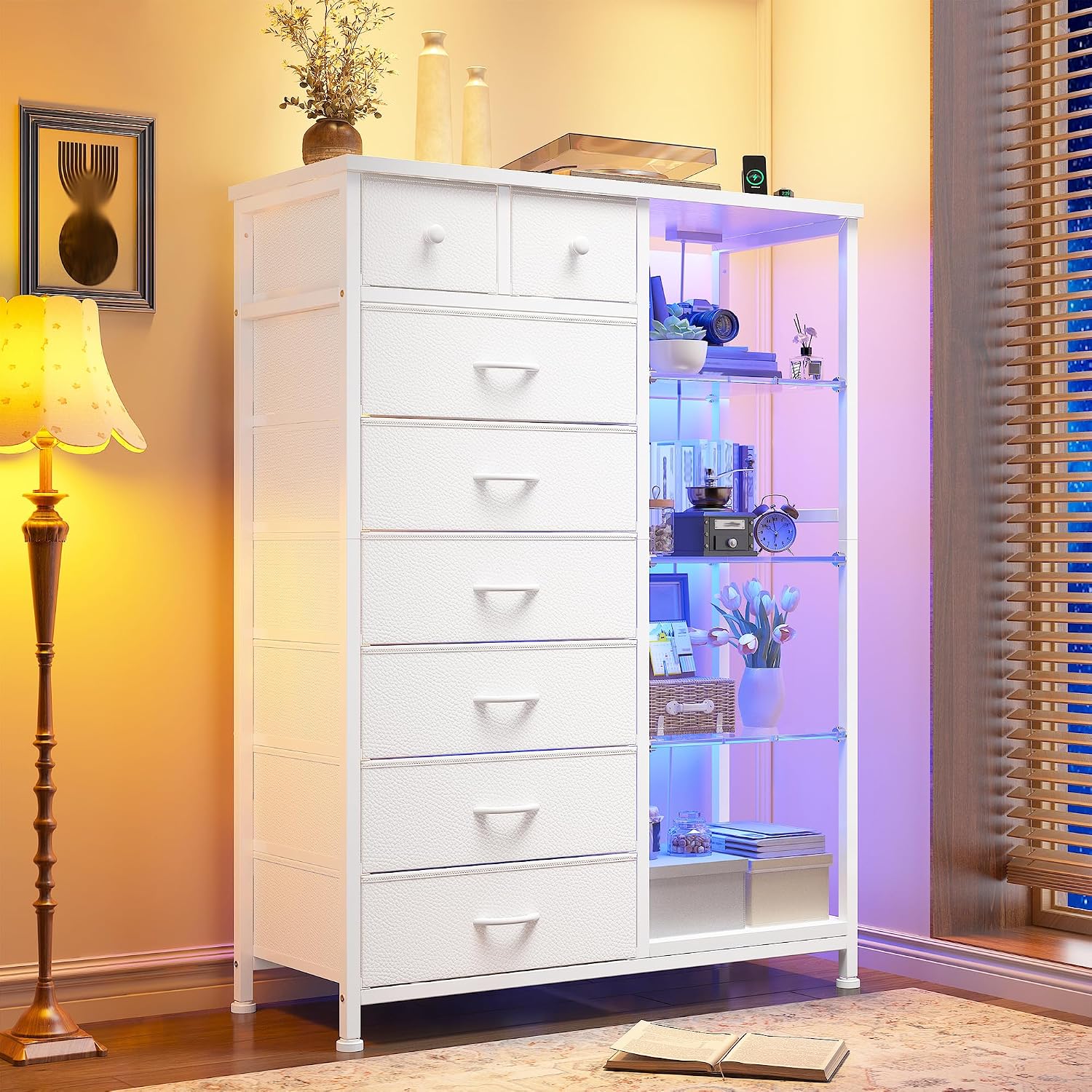 EnHomee 54' H Dresser for Bedroom with LED Lights & Power Outlets Dresser with 8 Drawers Fabric Dressers & Chests of Drawers, Shelves for Bedroom, Sturdy Metal Frame, Acrylic Plates (White)
